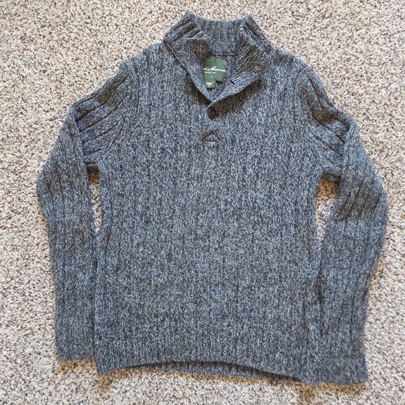 Eddie Bauer Black Cable Knit Fisherman Sweater Mens Med Lambswool Chunky Cozy - Picture 1 of 10